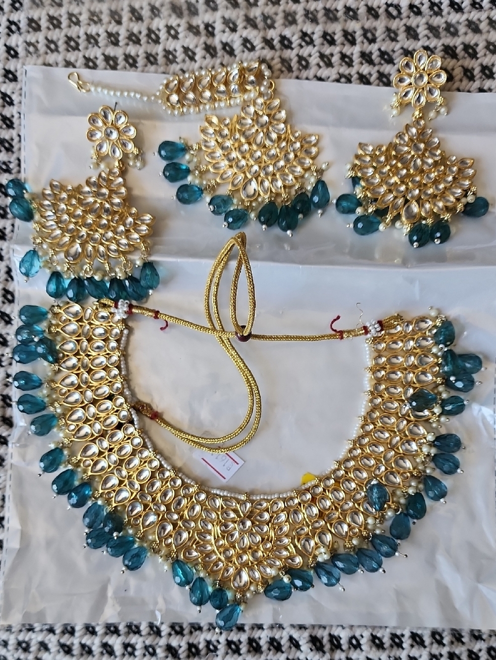 Gold Tone Kundan Necklace Set with Teal Blue Accents - Women Jewelry
